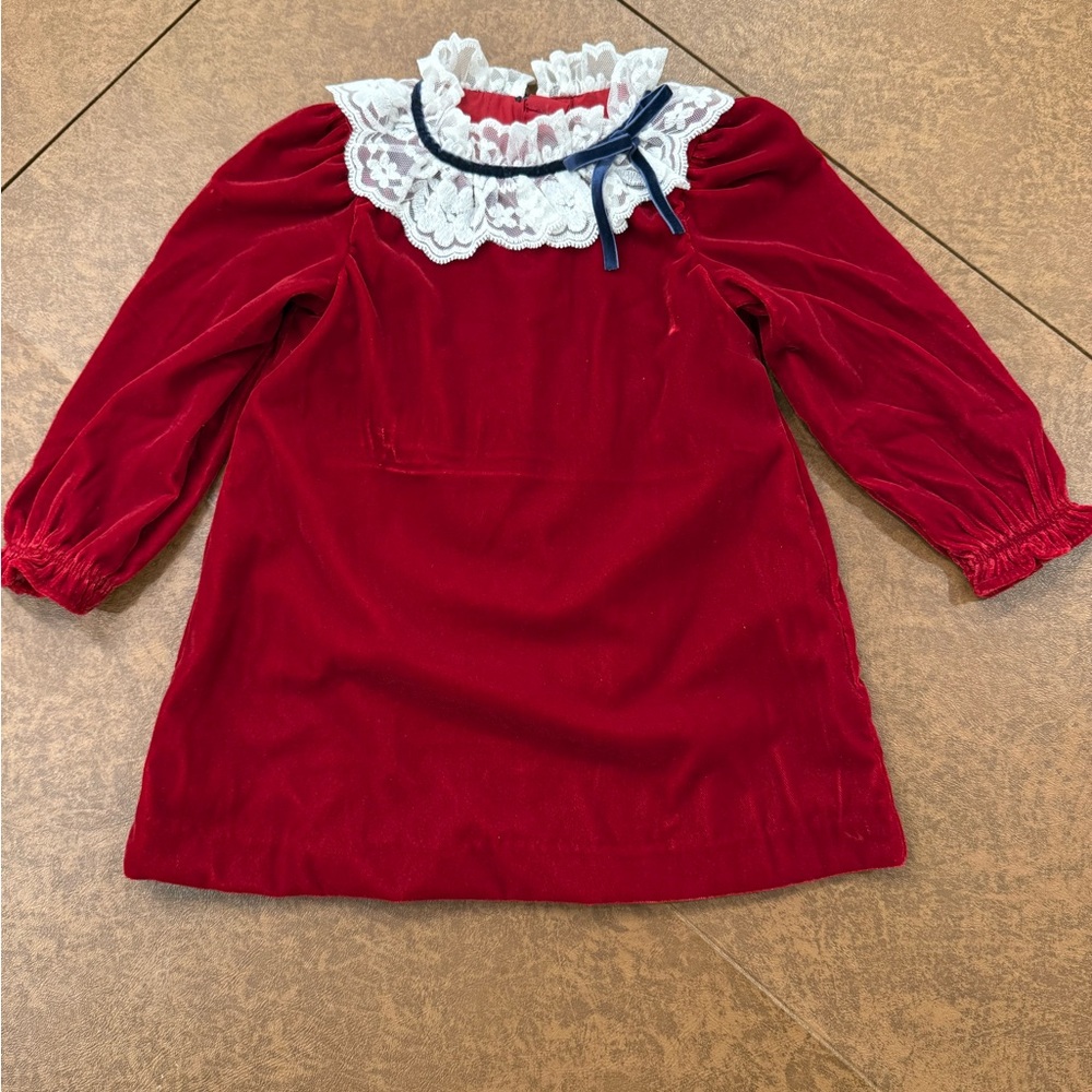 Janie and Jack Red Velvet Girls' Dress with Lace Collar and Navy Ribbon